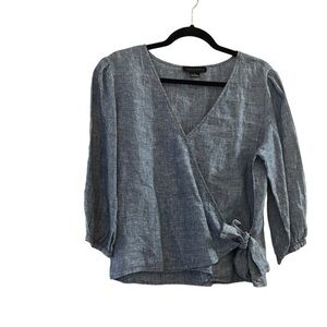 Sanctuary All Wrapped Up Blue Linen Faux Wrap 3/4 Sleeve Top, Size XS
